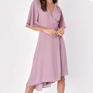 Lulus Farah Mauve Print Midi Wrap Dress Pink Size Small NWT